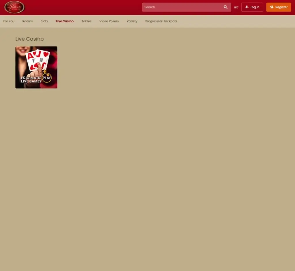 Villento Casino desktop live casino lobby screenshot featuring live dealer games and real-time streaming interface - review testing