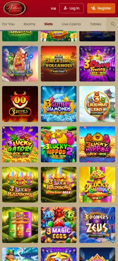 Villento Casino mobile slots interface screenshot showing slot game selection with popular titles and filtering options - captured during platform testing