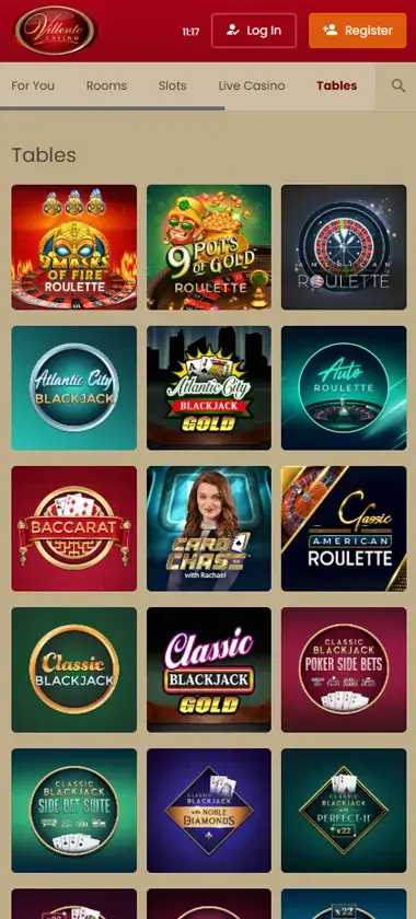Villento Casino mobile table games lobby screenshot presenting variety of table games with categories and providers - verified