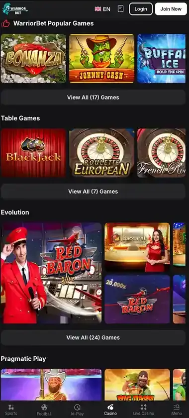 WarriorBet Casino Mobile Preview 1