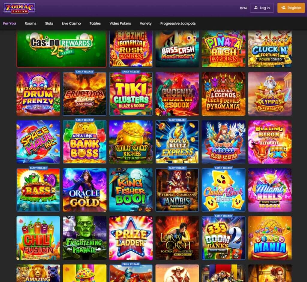 Zodiac Casino desktop homepage screenshot showing main navigation menu, featured promotions and highlighted casino games - tested