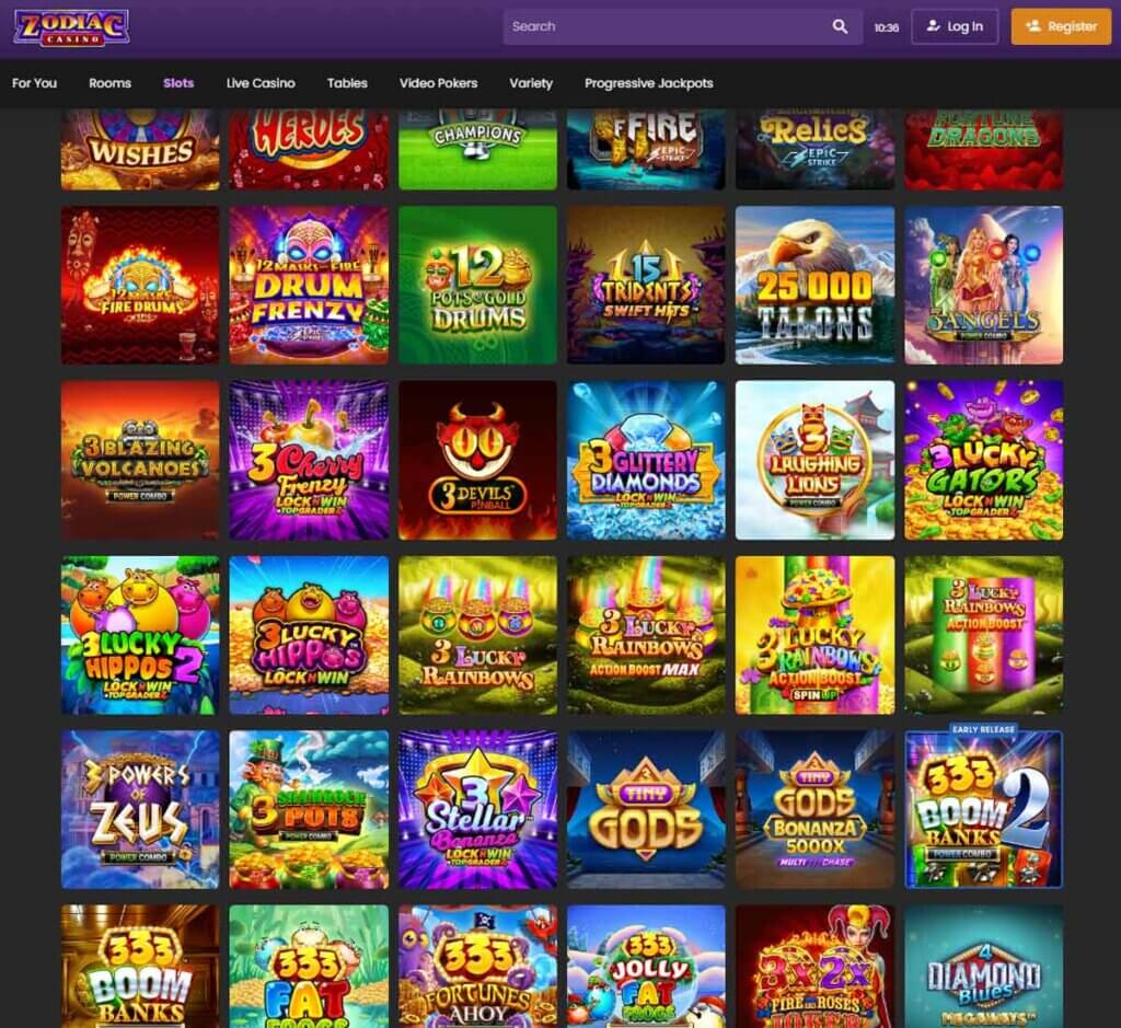 Zodiac Casino desktop slots screenshot showing slot game categories, featured titles and filtering options - tested