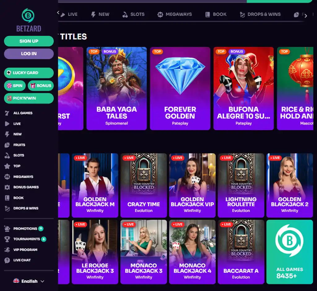 Betzard Casino desktop homepage screenshot displaying main lobby with featured games, promotions and navigation menu - tested