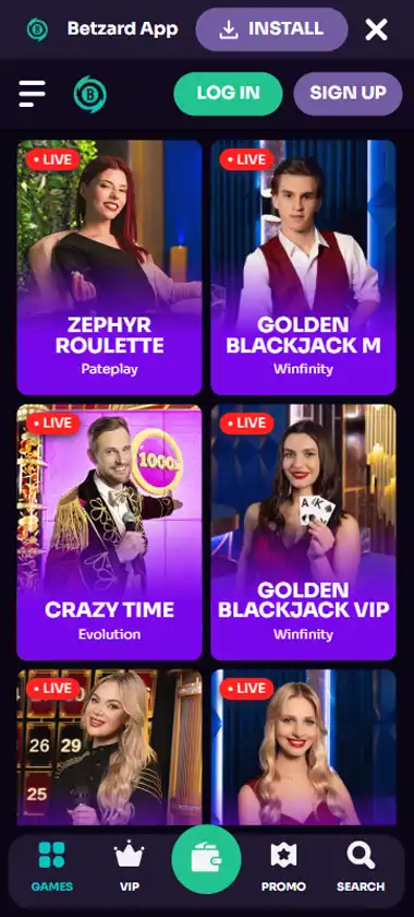 Betzard Casino mobile live casino interface screenshot showing live dealer tables including blackjack and roulette - tested
