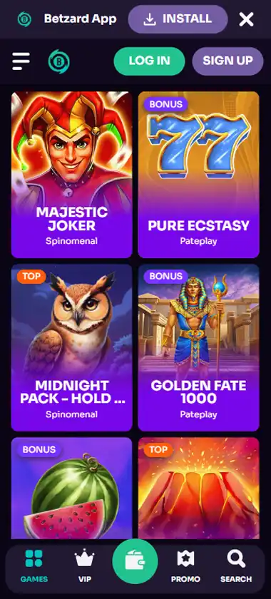 Betzard Casino mobile slots interface screenshot showing slot game selection with popular titles and filtering options - captured during platform testing
