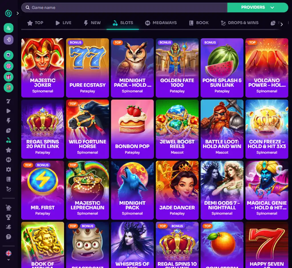 Betzard Casino desktop slots lobby screenshot presenting variety of slot games with categories and providers - verified