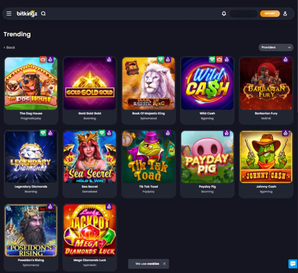 BitKingz Casino desktop slots lobby presenting a variety of slot games with categories and providers - tested BitKingz Casino desktop slots lobby presenting a variety of slot games with categories and providers - tested