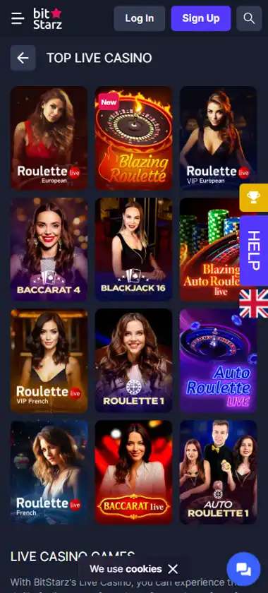 BitStarz Casino mobile live casino interface screenshot showing live dealer tables including blackjack and roulette - tested