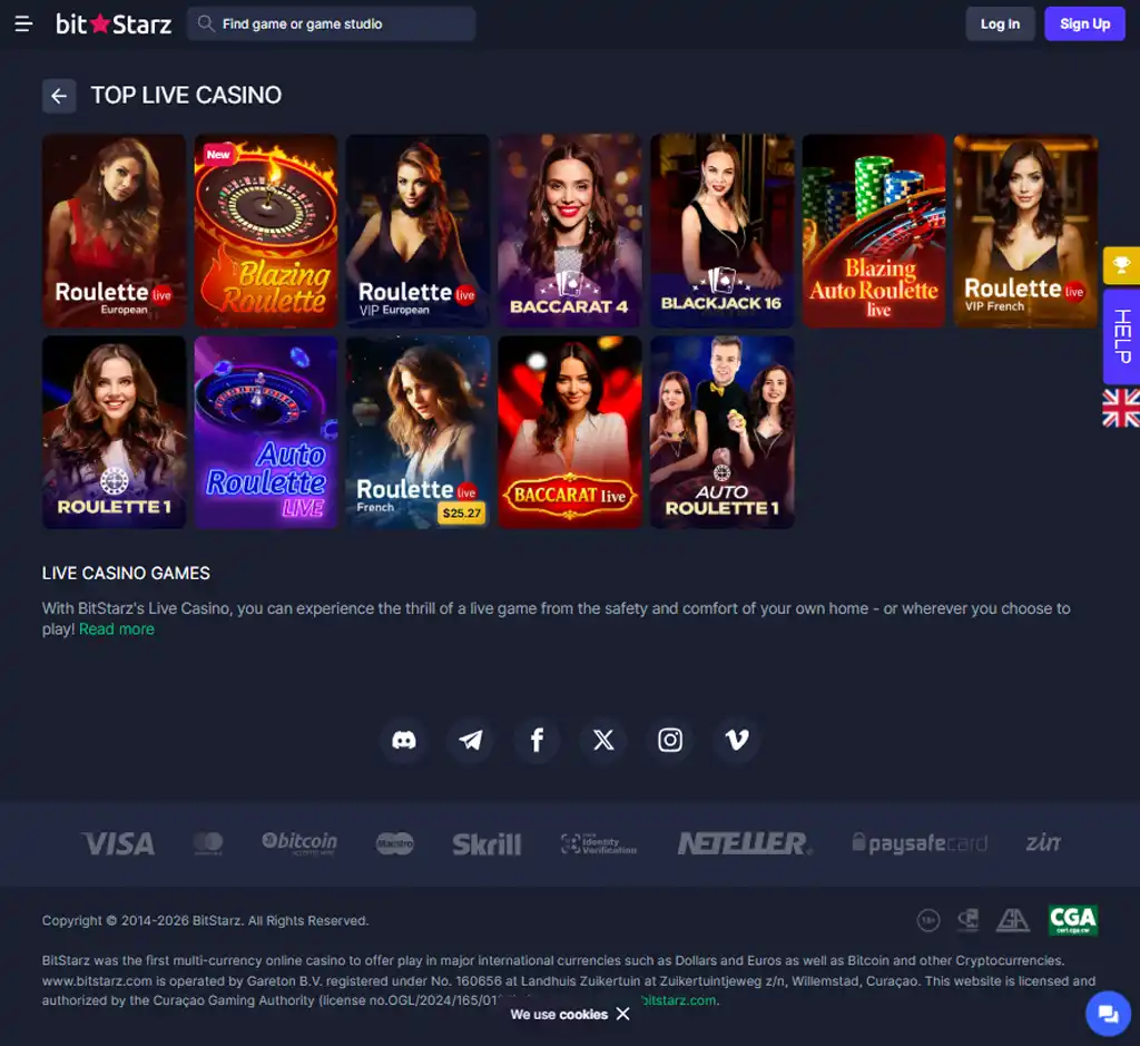 BitStarz Casino desktop live casino lobby screenshot featuring live dealer games and real-time streaming interface - review testing