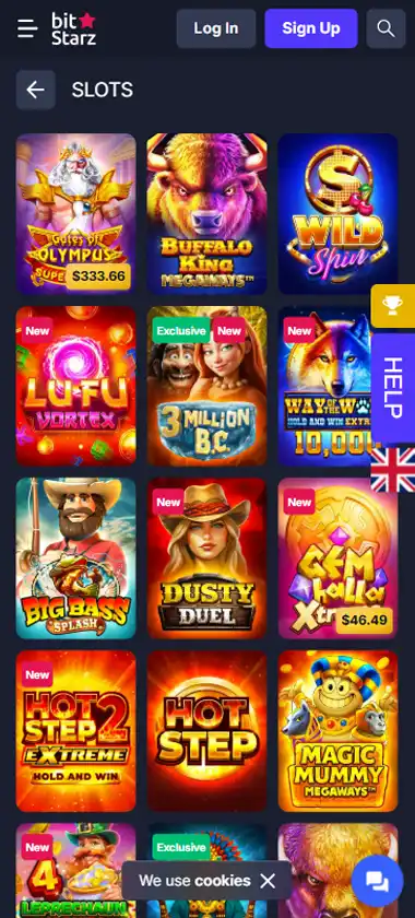 BitStarz Casino mobile slots interface screenshot showing slot game selection with popular titles and filtering options - captured during platform testing