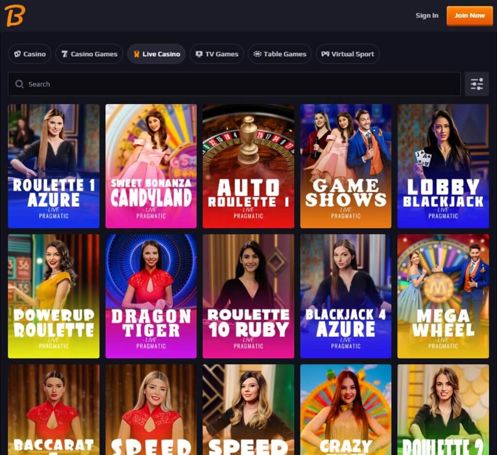 Blaze Spins Casino desktop live casino screenshot showing real-dealer tables including roulette, blackjack and baccarat with lobby navigation - tested