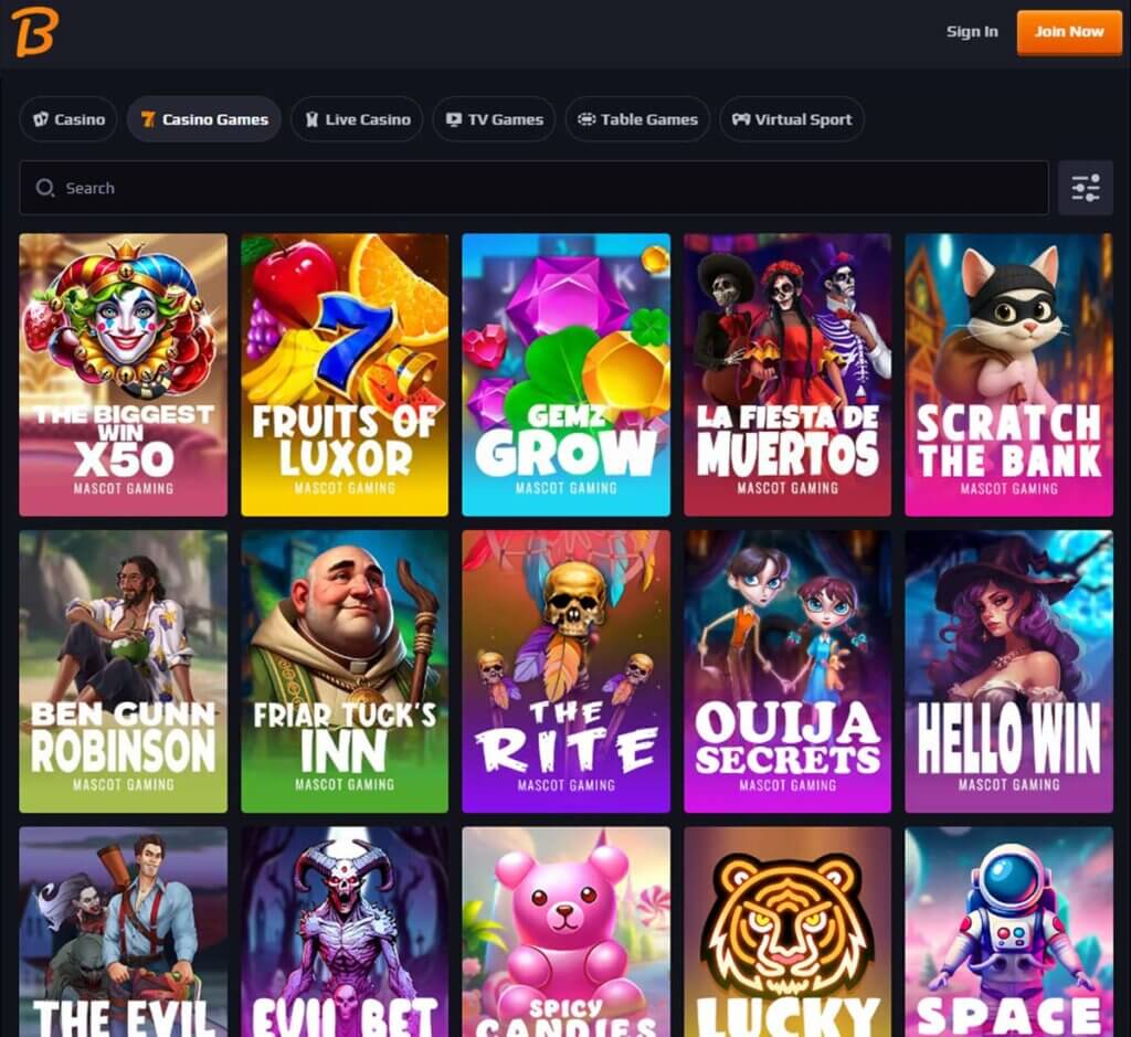 Blaze Spins Casino desktop slots screenshot showing slot game categories, featured titles and filtering options - tested