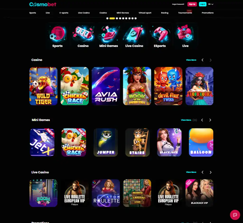 CosmoBet Casino desktop homepage screenshot displaying main sportsbook and casino lobby with featured betting markets, casino games, promotions and navigation menu - tested CosmoBet Casino desktop homepage screenshot displaying main sportsbook and casino lobby with featured betting markets, casino games, promotions and navigation menu - tested