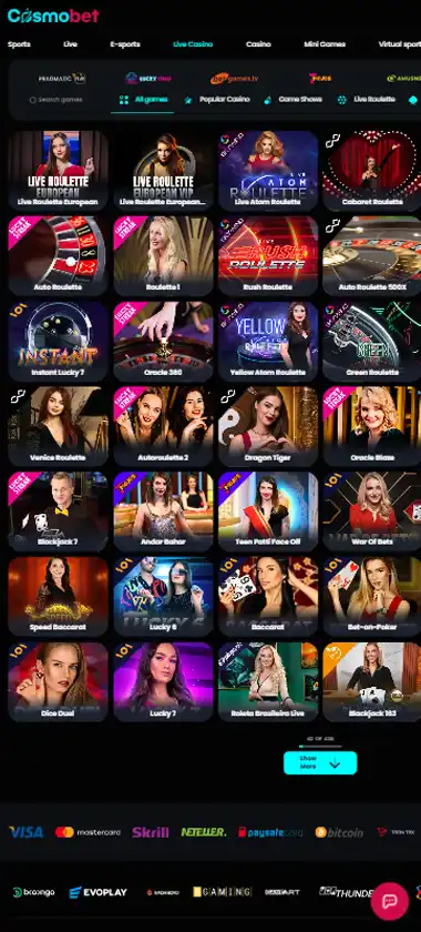 CosmoBet Casino mobile live casino interface showing live dealer tables including blackjack and roulette - captured during platform testing CosmoBet Casino mobile live casino interface showing live dealer tables including blackjack and roulette - captured during platform testing