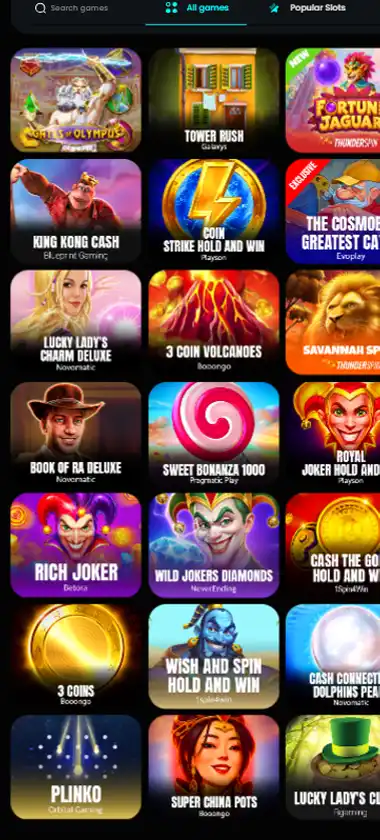 CosmoBet Casino mobile slots interface showing slot game selection with popular titles and filtering options - captured during platform testing CosmoBet Casino mobile slots interface showing slot game selection with popular titles and filtering options - captured during platform testing