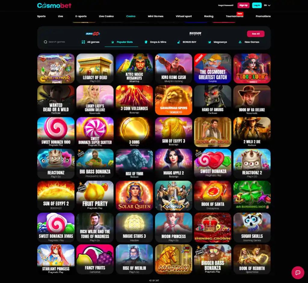 CosmoBet Casino desktop slots lobby presenting a variety of slot games with categories and providers - tested CosmoBet Casino desktop slots lobby presenting a variety of slot games with categories and providers - tested