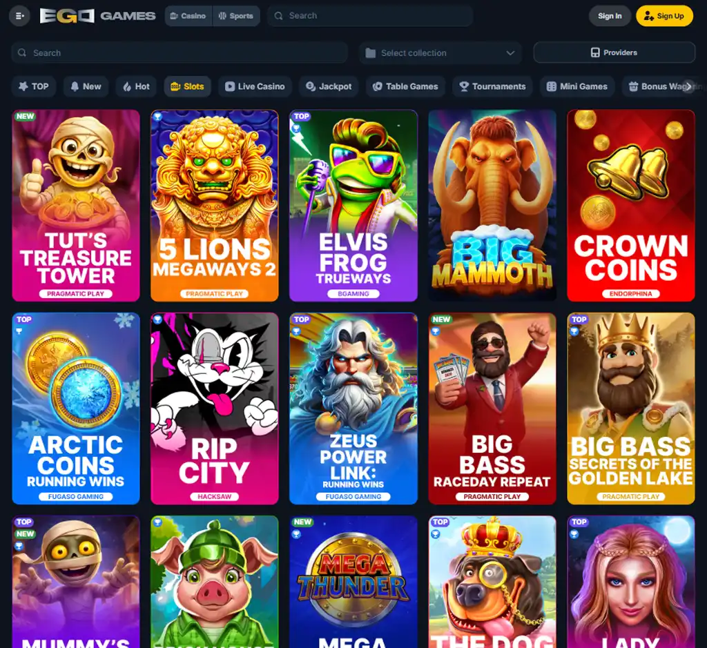 Ego Games Casino desktop slots lobby screenshot presenting variety of slot games with categories and providers - verified Ego Games Casino desktop slots lobby screenshot presenting variety of slot games with categories and providers - verified