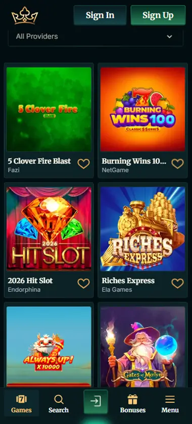 FairCrown Casino mobile slots interface showing slot game selection with popular titles and filtering options - captured during platform testing