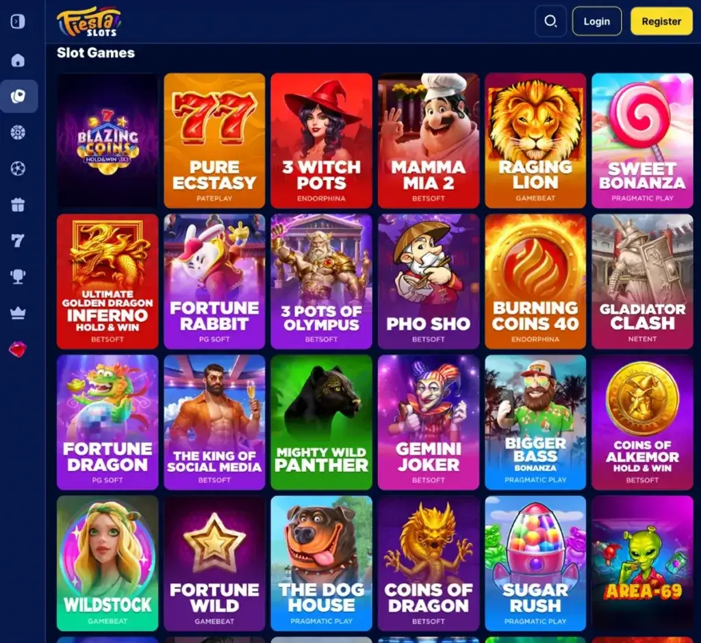 Fiesta Slots Casino desktop slots lobby screenshot presenting variety of slot games with categories and providers - verified