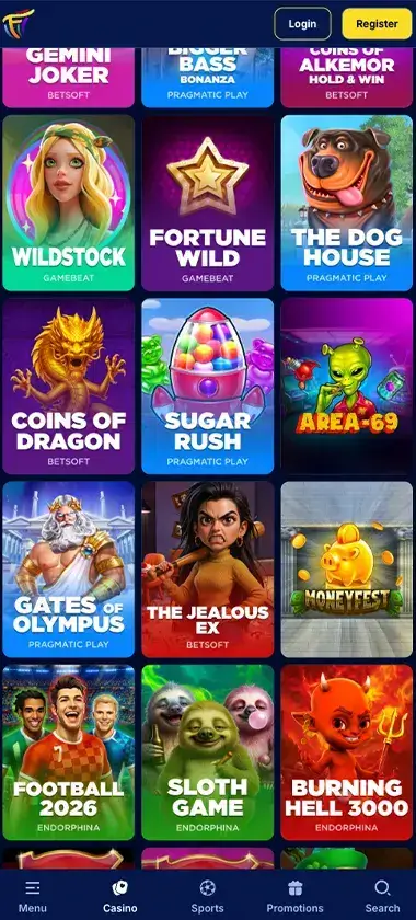 Fiesta Slots Casino mobile slots interface screenshot showing slot game selection with popular titles and filtering options - captured during platform testing