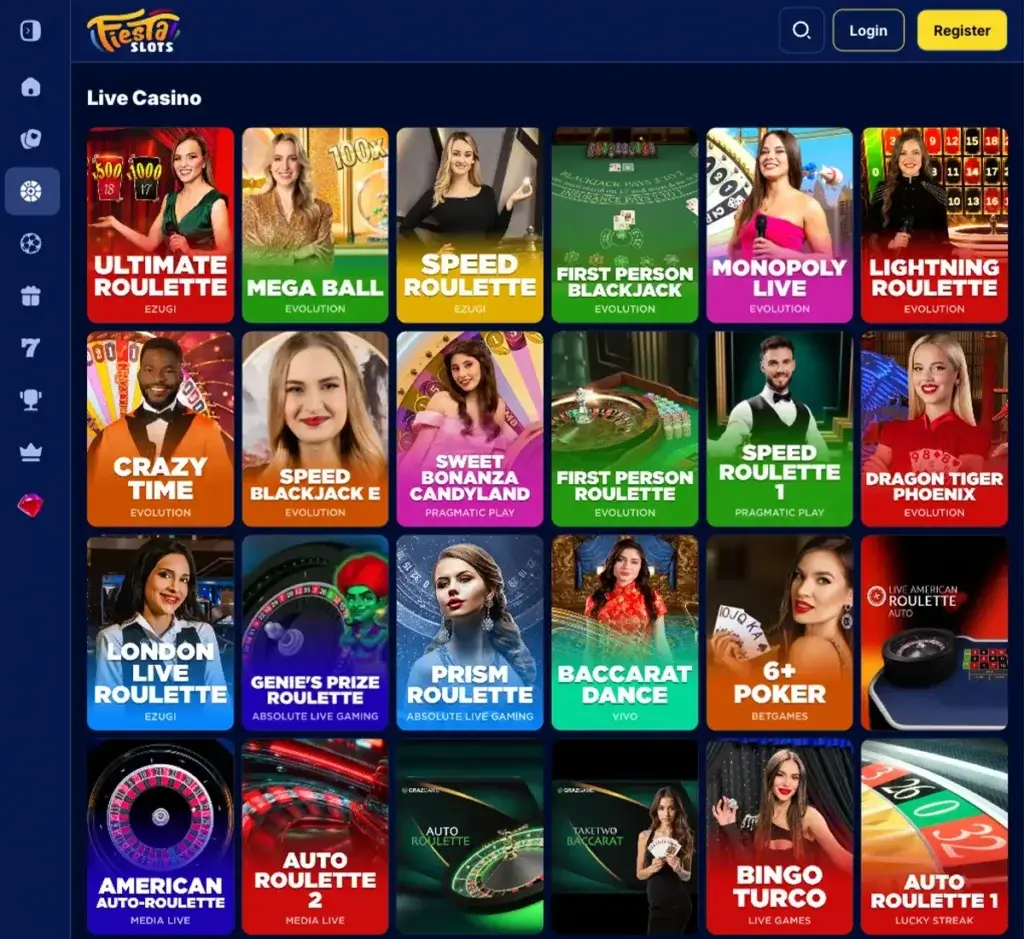 Fiesta Slots Casino desktop live casino lobby screenshot featuring live dealer games and real-time streaming interface - review testing