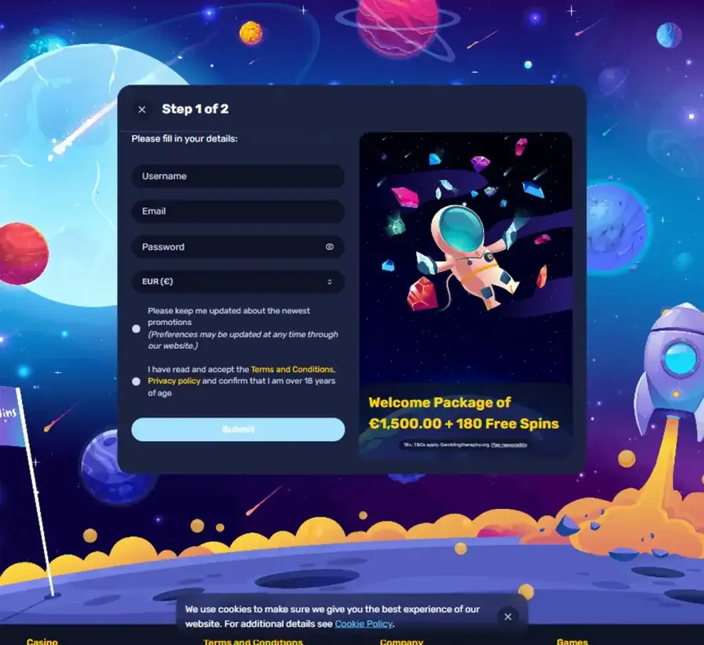 Galactic Wins Casino signup bonus page displaying welcome bonus and free spins offer for new players - captured during platform testing Galactic Wins Casino signup bonus page displaying welcome bonus and free spins offer for new players - captured during platform testing