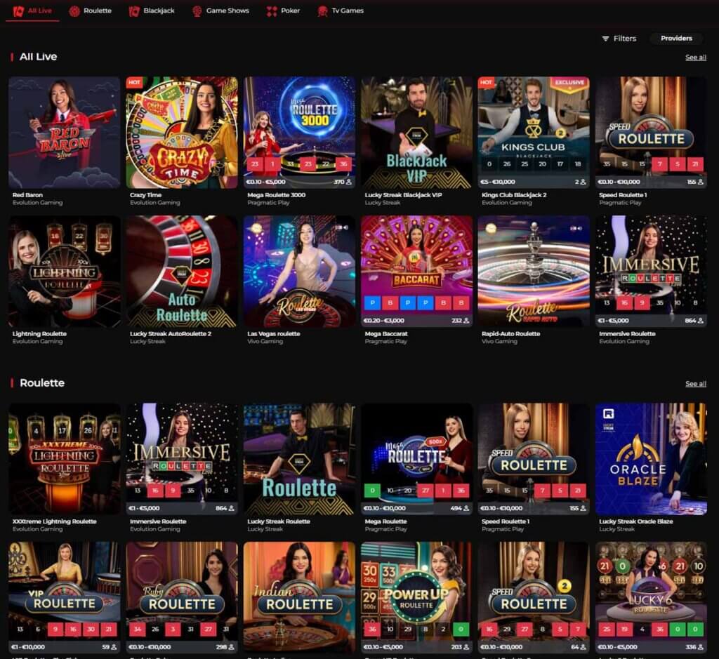 God Of Casino desktop live casino screenshot showing real-dealer tables including roulette, blackjack and baccarat with lobby navigation - tested