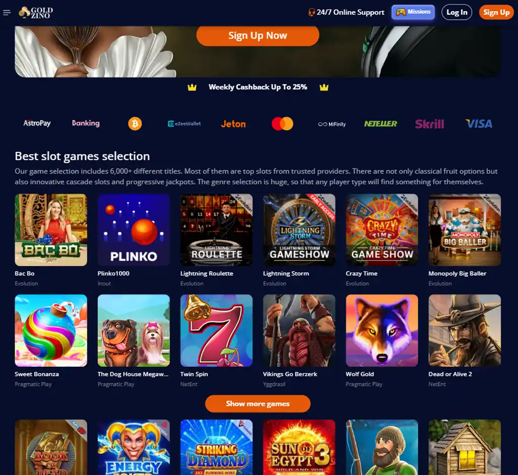 Goldzino Casino desktop homepage screenshot displaying main lobby with featured games, promotions and navigation menu - Tested Goldzino Casino desktop homepage screenshot displaying main lobby with featured games, promotions and navigation menu - Tested