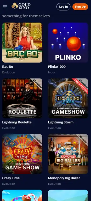 Goldzino Casino mobile homepage screenshot showing main lobby with featured games and promotions - captured during platform testing
