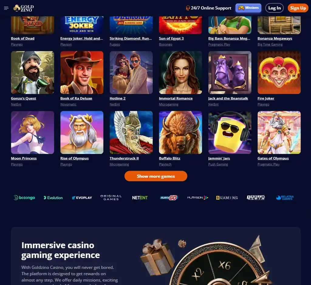 Goldzino Casino desktop slots lobby screenshot presenting variety of slot games with categories and providers - Tested Goldzino Casino desktop slots lobby screenshot presenting variety of slot games with categories and providers - Tested