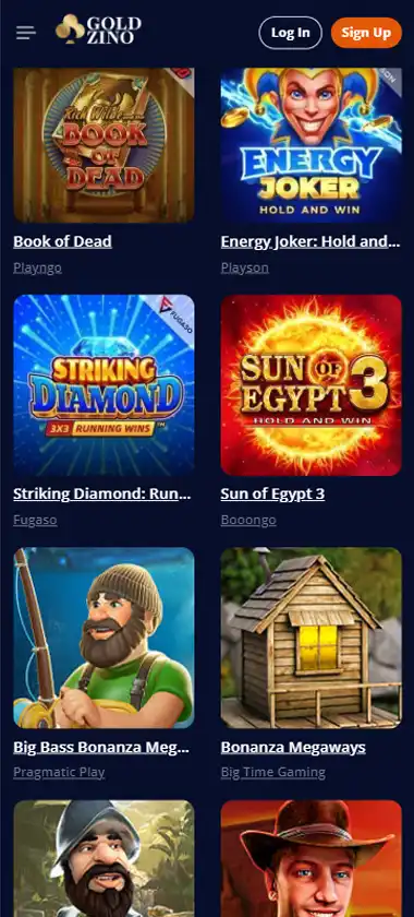 Goldzino Casino mobile slots interface screenshot showing slot game selection with popular titles and filtering options - captured during platform testing