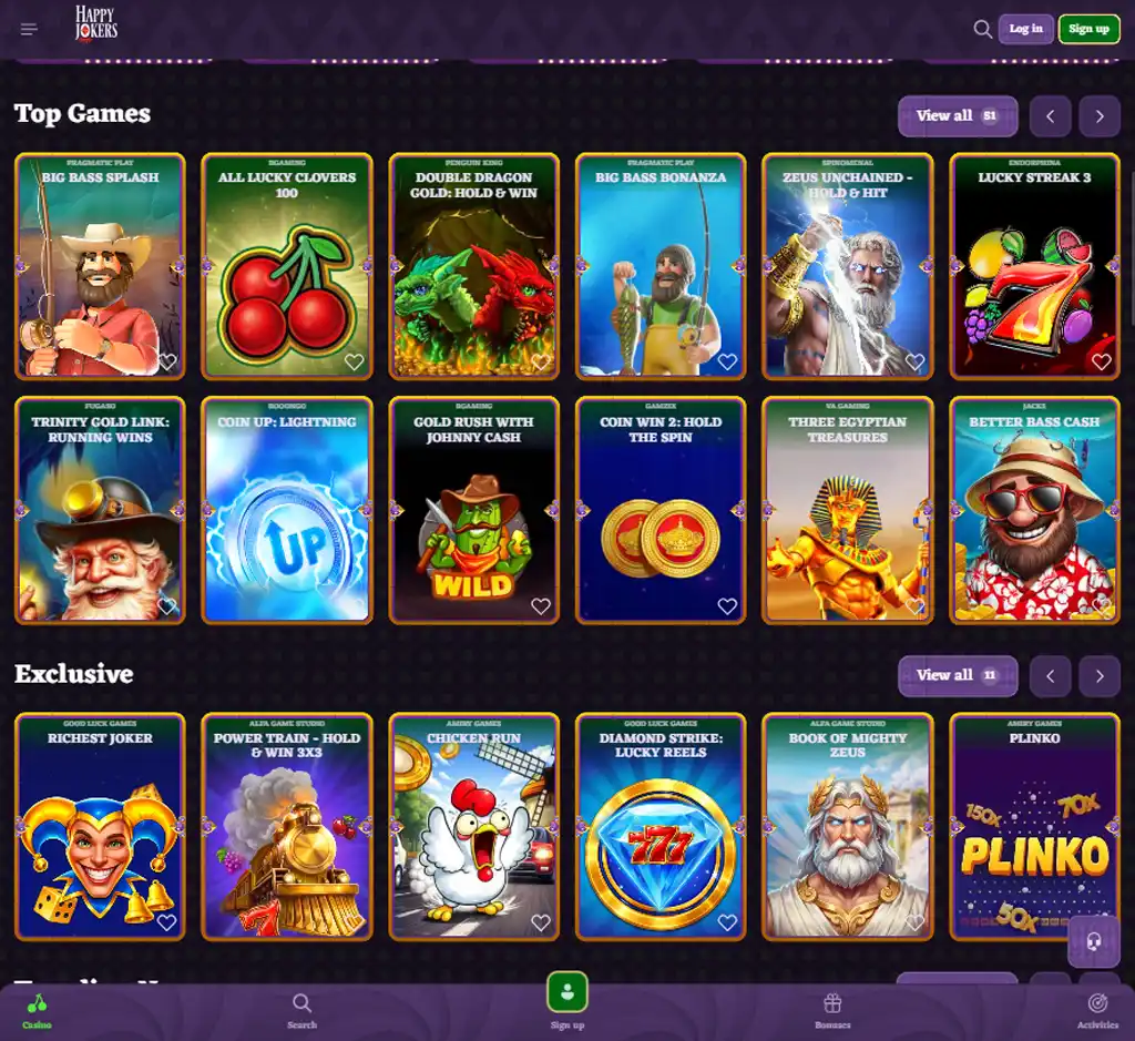 Happy Jokers Casino desktop slots lobby screenshot presenting variety of slot games with categories and providers - verified