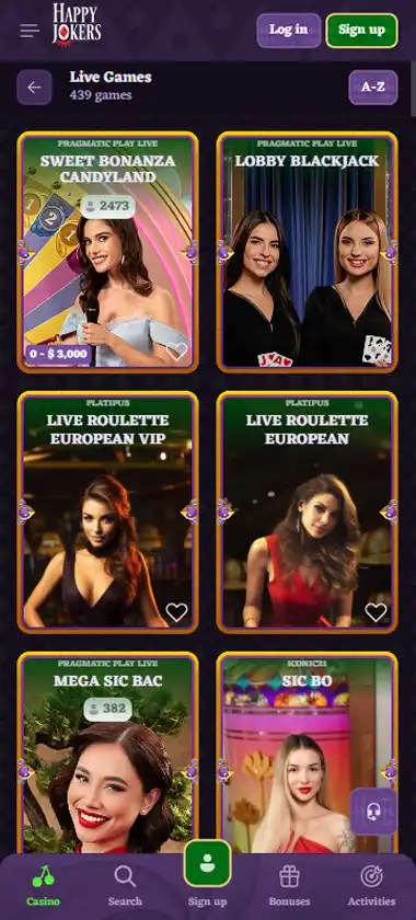 Happy Jokers Casino mobile live casino interface screenshot showing live dealer tables including blackjack and roulette - tested