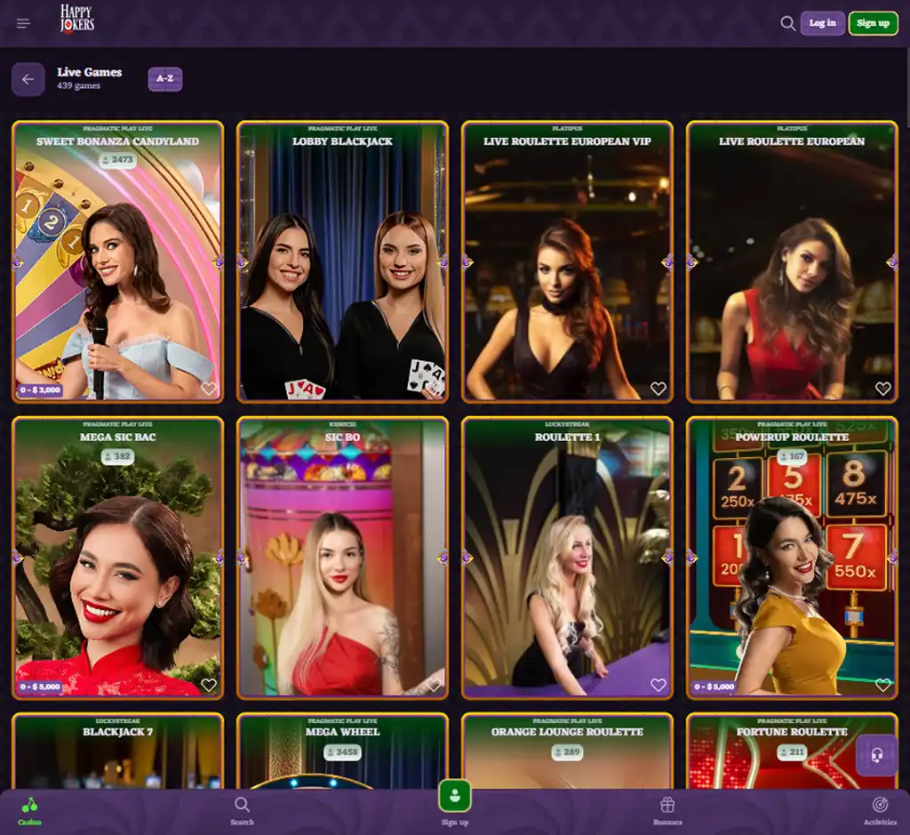 Happy Jokers Casino desktop live casino lobby screenshot featuring live dealer games and real-time streaming interface - review testing