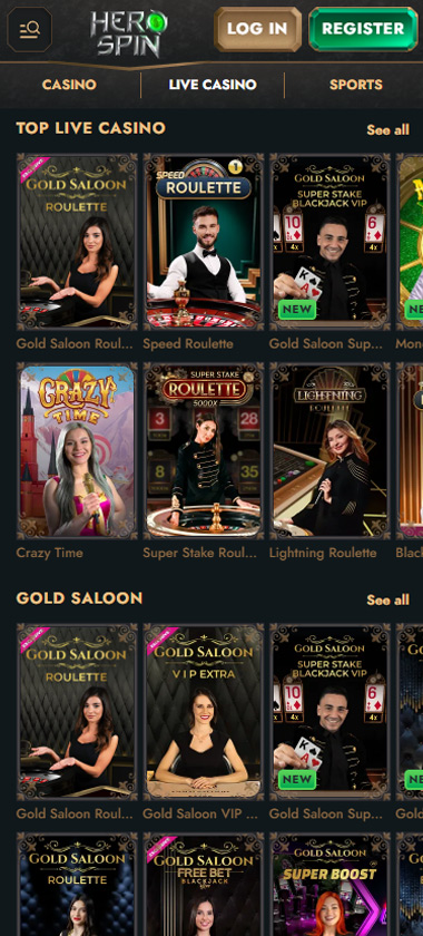 Hero Spin Casino mobile live casino screenshot showing real-dealer tables including roulette, blackjack and baccarat on smartphone interface - tested