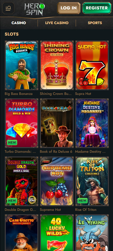 Hero Spin Casino mobile slots screenshot showing slot game categories, featured titles and navigation on smartphone interface - tested