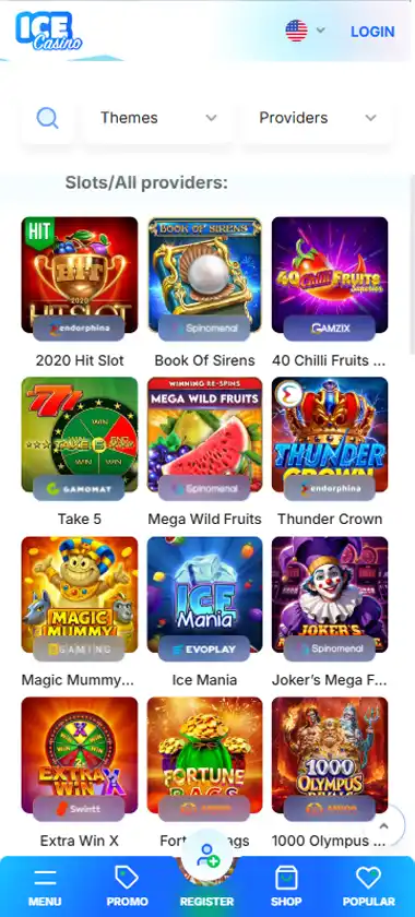 Ice Casino mobile slots interface screenshot showing slot game selection with popular titles and filtering options - captured during platform testing