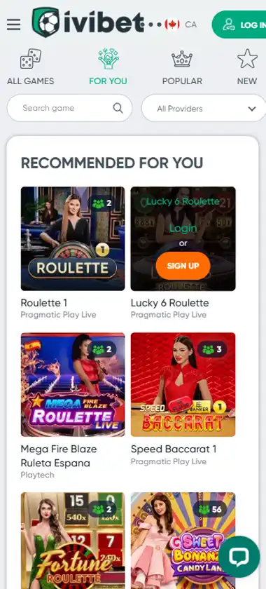 Ivibet Casino mobile live casino interface screenshot showing live dealer tables including blackjack and roulette - tested