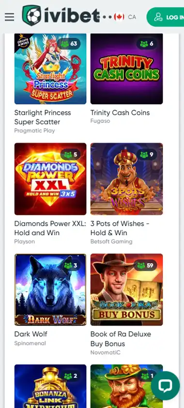 Ivibet Casino mobile slots interface screenshot showing slot game selection with popular titles and filtering options - captured during platform testing
