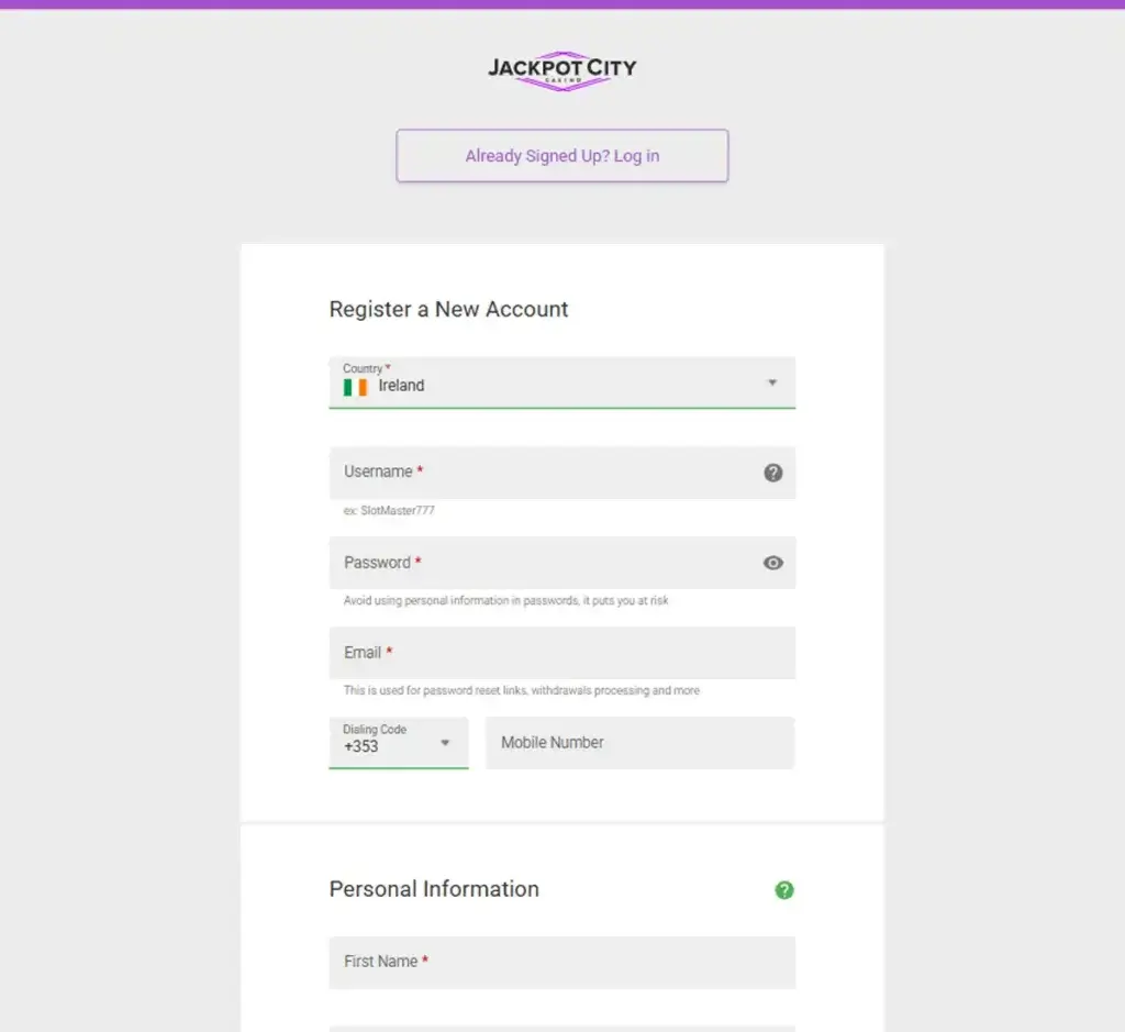 Jackpot City Casino registration page showing account signup form with required personal details and registration options - captured during platform testing
