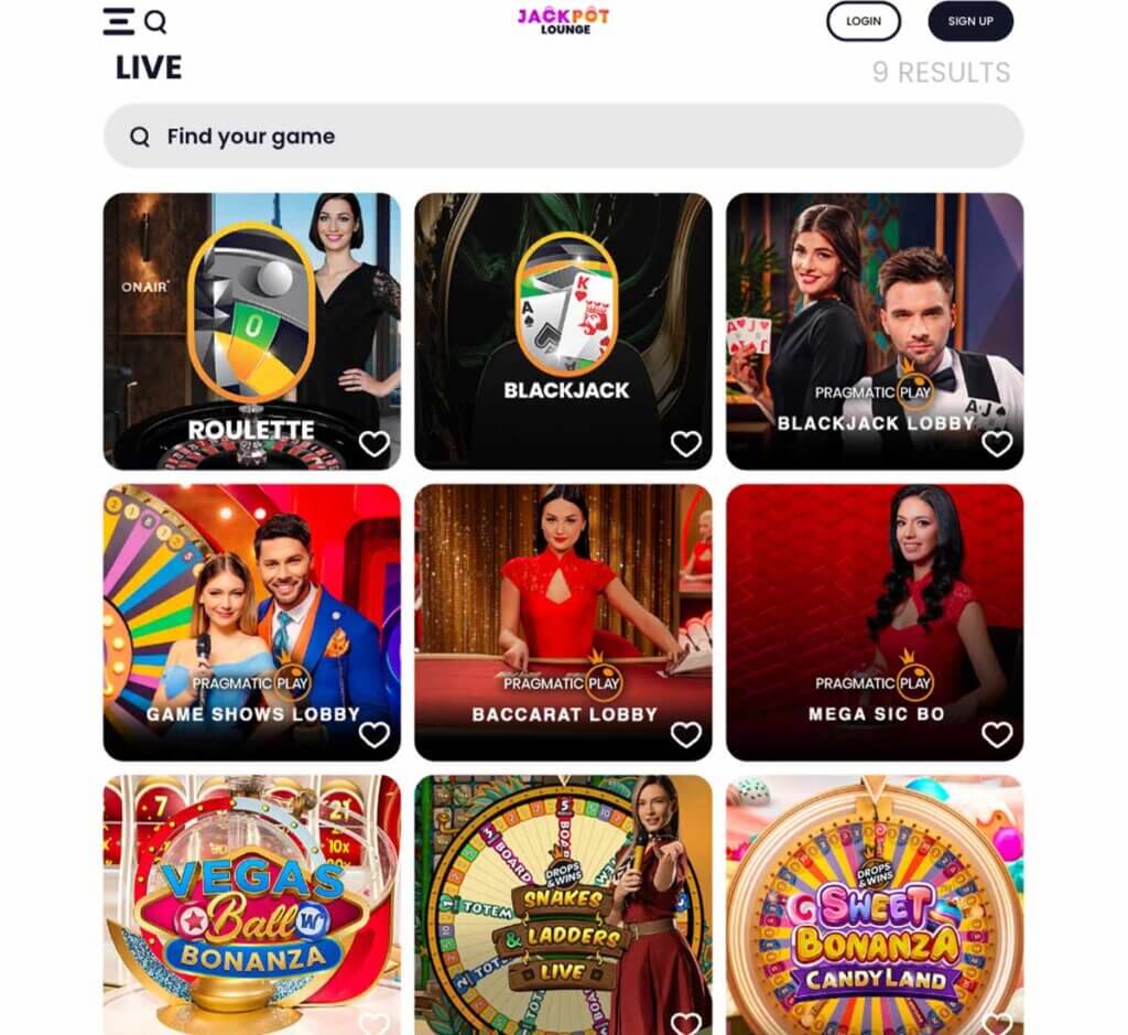 Jackpot Lounge Casino desktop live casino games screenshot showing roulette, blackjack and baccarat tables – tested