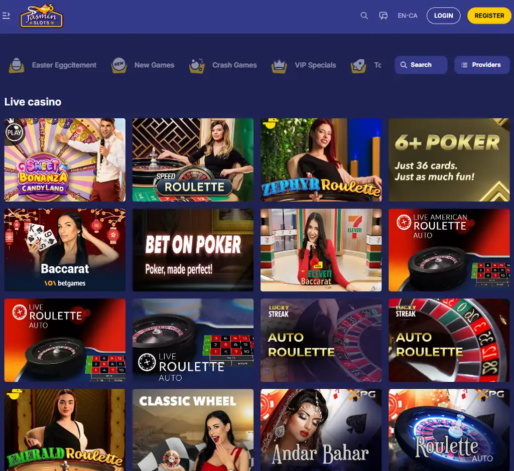 Jasmin Slots desktop live casino lobby screenshot featuring live dealer games and real-time streaming interface - review testing