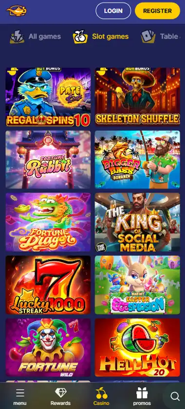 Jasmin Slots mobile slots interface screenshot showing slot game selection with popular titles and filtering options - captured during platform testing