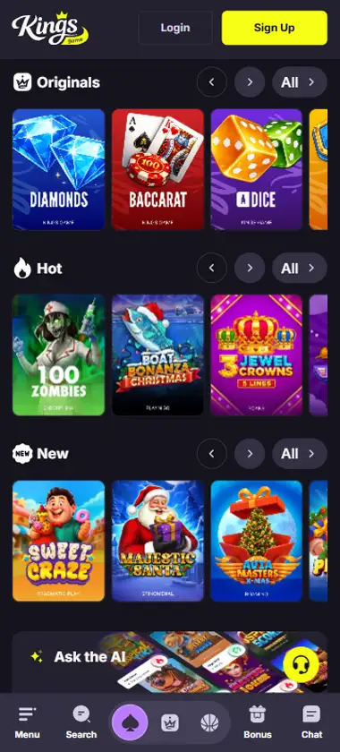 Kings Game Casino mobile homepage screenshot showing main lobby with featured games and promotions - captured during platform testing Kings Game Casino mobile homepage screenshot showing main lobby with featured games and promotions - captured during platform testing