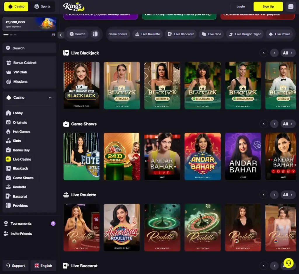 Kings Game Casino desktop live casino lobby screenshot featuring live dealer games and real-time streaming interface - review testing Kings Game Casino desktop live casino lobby screenshot featuring live dealer games and real-time streaming interface - review testing