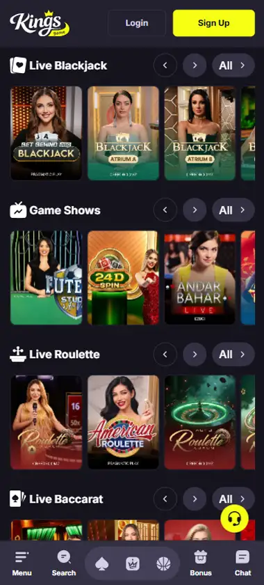 Kings Game Casino mobile live casino interface screenshot showing live dealer tables including blackjack and roulette - tested Kings Game Casino mobile live casino interface screenshot showing live dealer tables including blackjack and roulette - tested