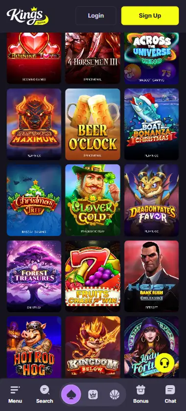 Kings Game Casino mobile slots interface screenshot showing slot game selection with popular titles and filtering options - captured during platform testing Kings Game Casino mobile slots interface screenshot showing slot game selection with popular titles and filtering options - captured during platform testing