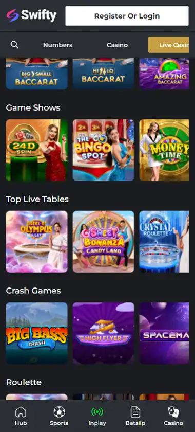 Swifty Casino mobile live casino interface screenshot showing live dealer tables including blackjack and roulette - tested Swifty Casino mobile live casino interface screenshot showing live dealer tables including blackjack and roulette - tested