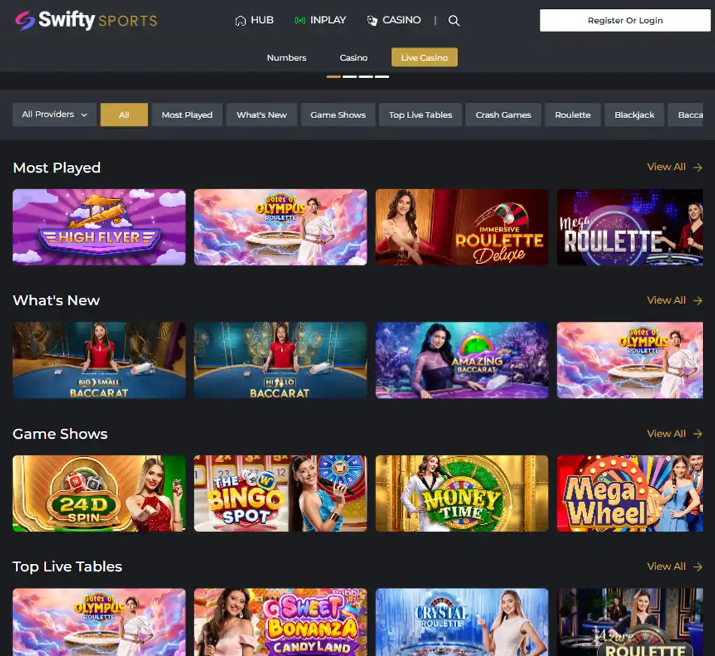Swifty Casino desktop live casino lobby screenshot featuring live dealer games and real-time streaming interface - review testing Swifty Casino desktop live casino lobby screenshot featuring live dealer games and real-time streaming interface - review testing