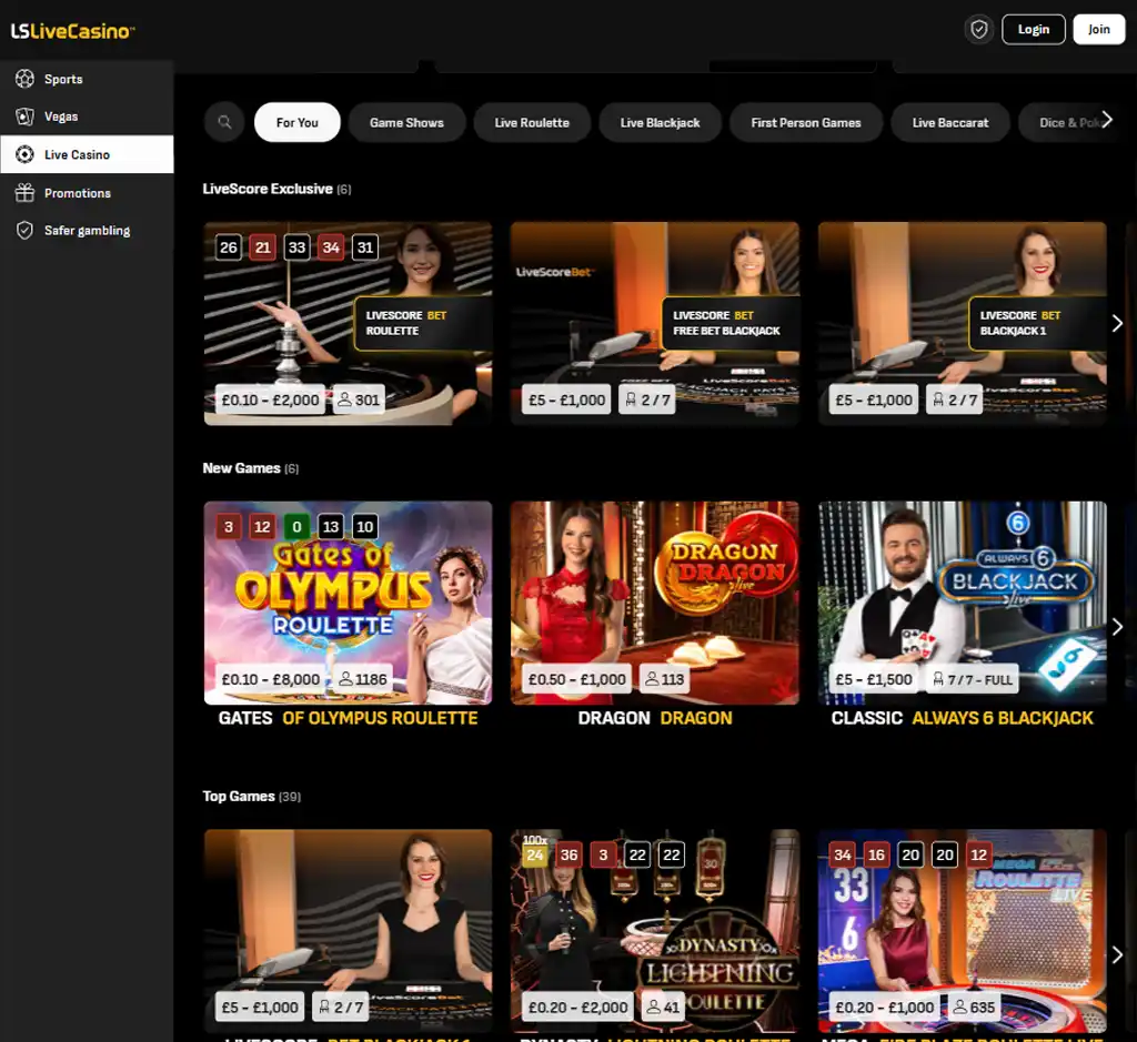 Live Score Bet Casino desktop live casino lobby screenshot featuring live dealer games and real-time streaming interface - tested